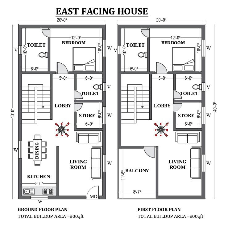 20’x40’ FREE East facing home design as per vastu is given in this 2D Autocad drawing file. Download now.