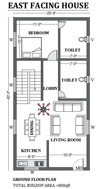 20’x40’ FREE East facing home design as per vastu shastra is given in this Autocad drawing file. Download now.