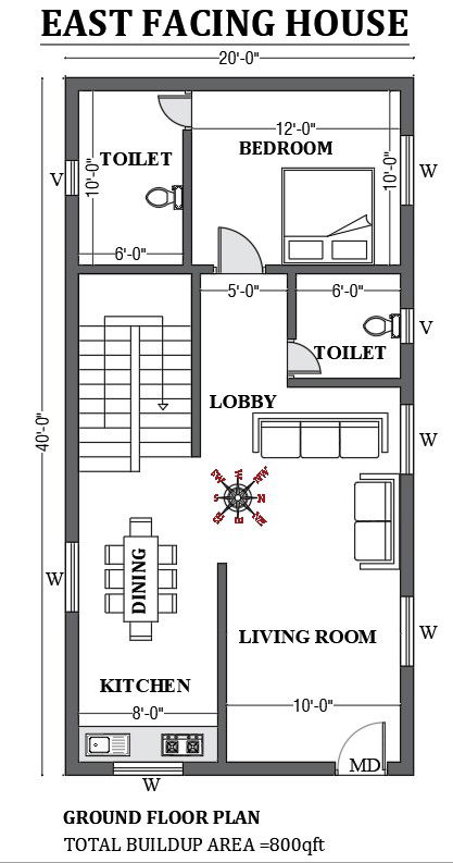 20x40 East Facing House Layout in AutoCAD DWG Drawing