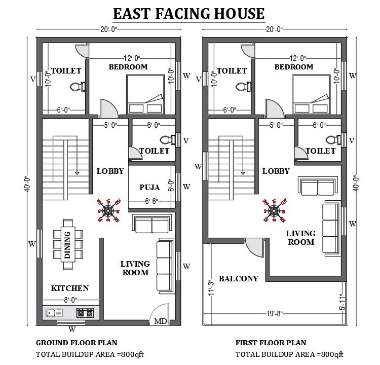 20’x40’ FREE East facing house design is given in this 2D Autocad drawing file. Download now.