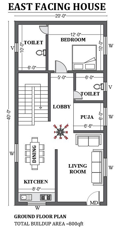20’x40’ FREE East facing house design is given in this Autocad drawing file. Download now.