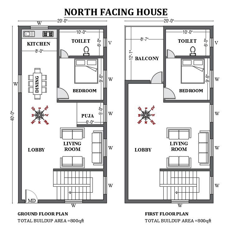20’x40’ FREE North facing house design is given in this 2D Autocad drawing file. Download now.