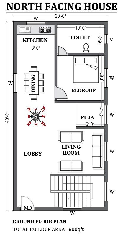 20’x40’ FREE North facing house design is given in this Autocad drawing file. Download now.