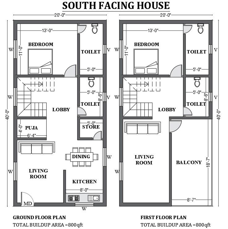 20’x40’ FREE south facing home plan as per vastu is given in this 2D Autocad drawing file. Download now.