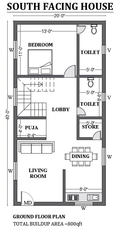 20’x40’ FREE south facing home plan as per vastu is given in this Autocad drawing file. Download now.