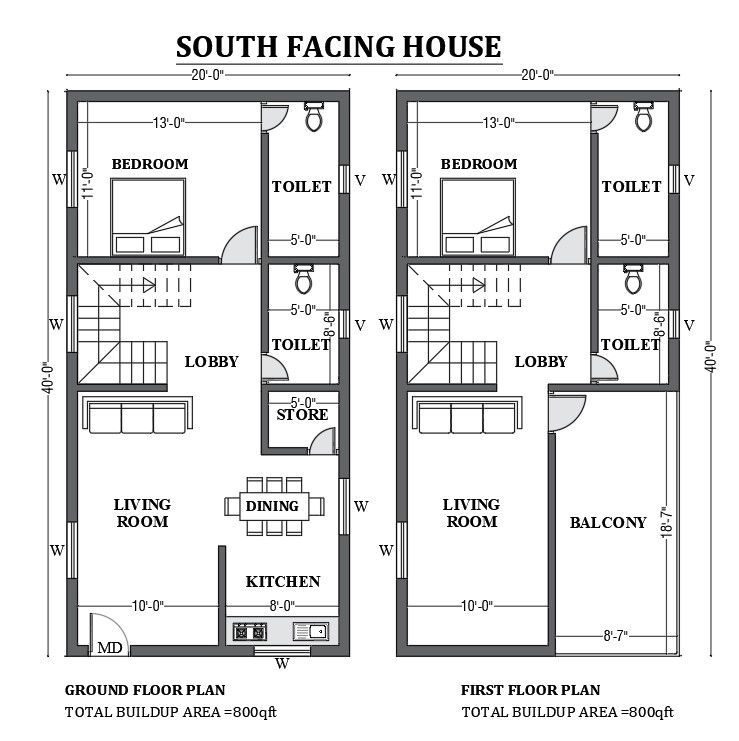 20’x40’ FREE south facing house design is given in this 2D Autocad drawing file. Download now.