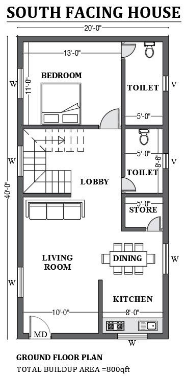 20’x40’ FREE south facing house design is given in this Autocad drawing file. Download now.