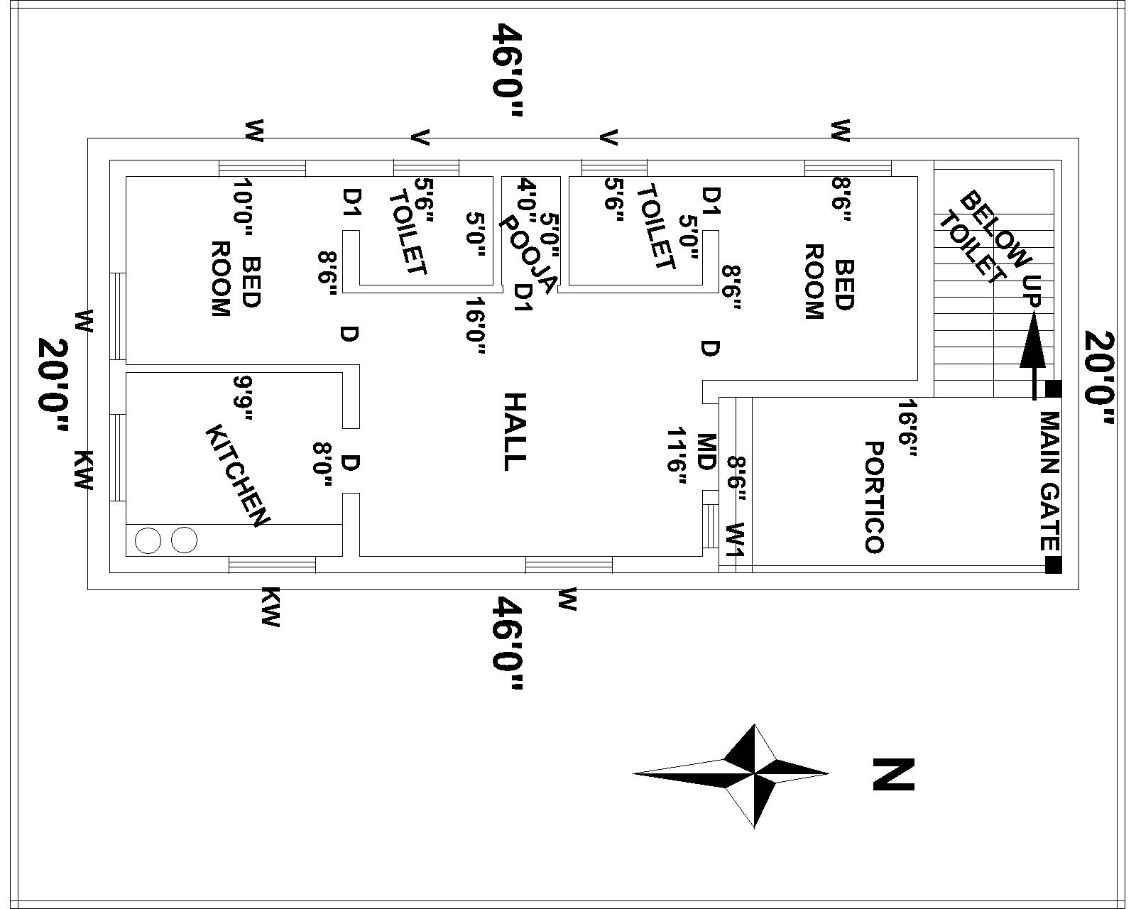 20’x46’ North Facing Home Plan Vastu Shastra CAD Drawing DWG File