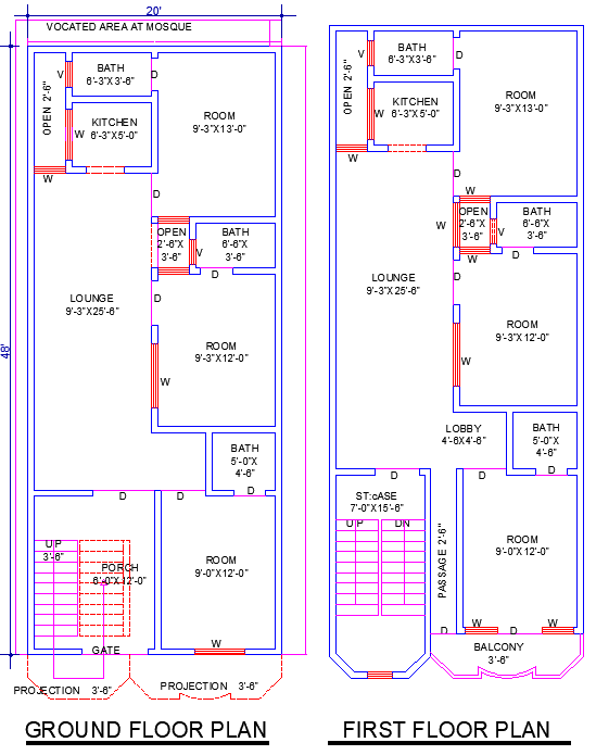20'x48' House Plan AutoCAD DWG with 6 Bedrooms & Balcony