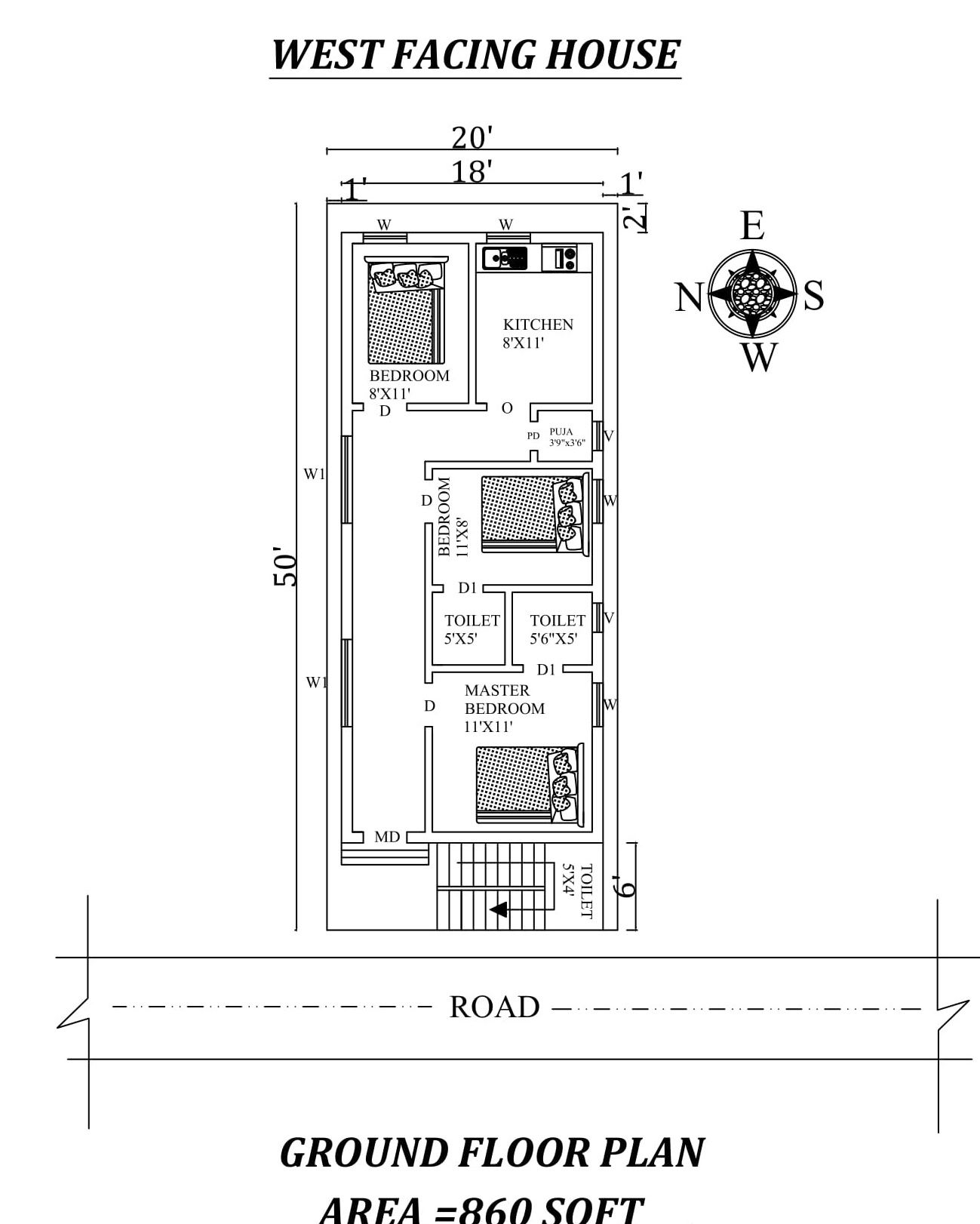 20'x50' Awesome fully furnished 3BHK West facing House Plan As Per Vastu Shastra, Autocad DWG file details