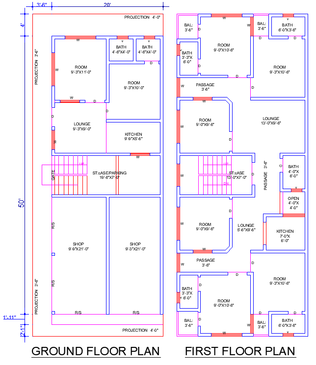 Spacious 7 Bedroom 7 Bath House Plan 20'x50' DWG File