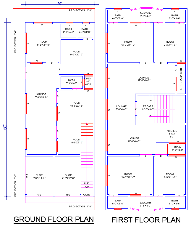 20'x50' House Plan DWG with 8 Bedrooms and 7 Baths Layout