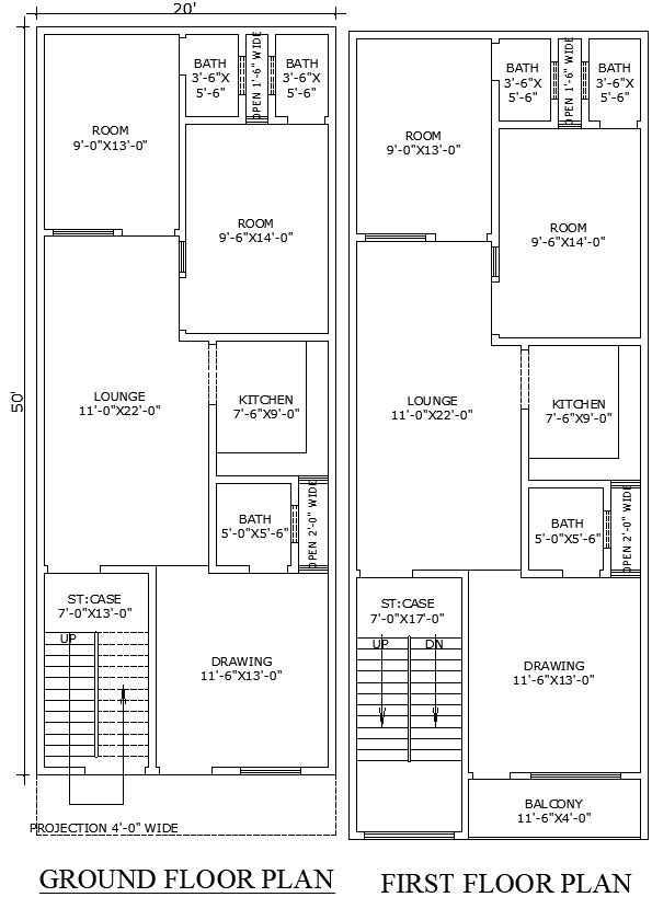 20x50 Residential Home Plan with Lounge Balcony AutoCAD File