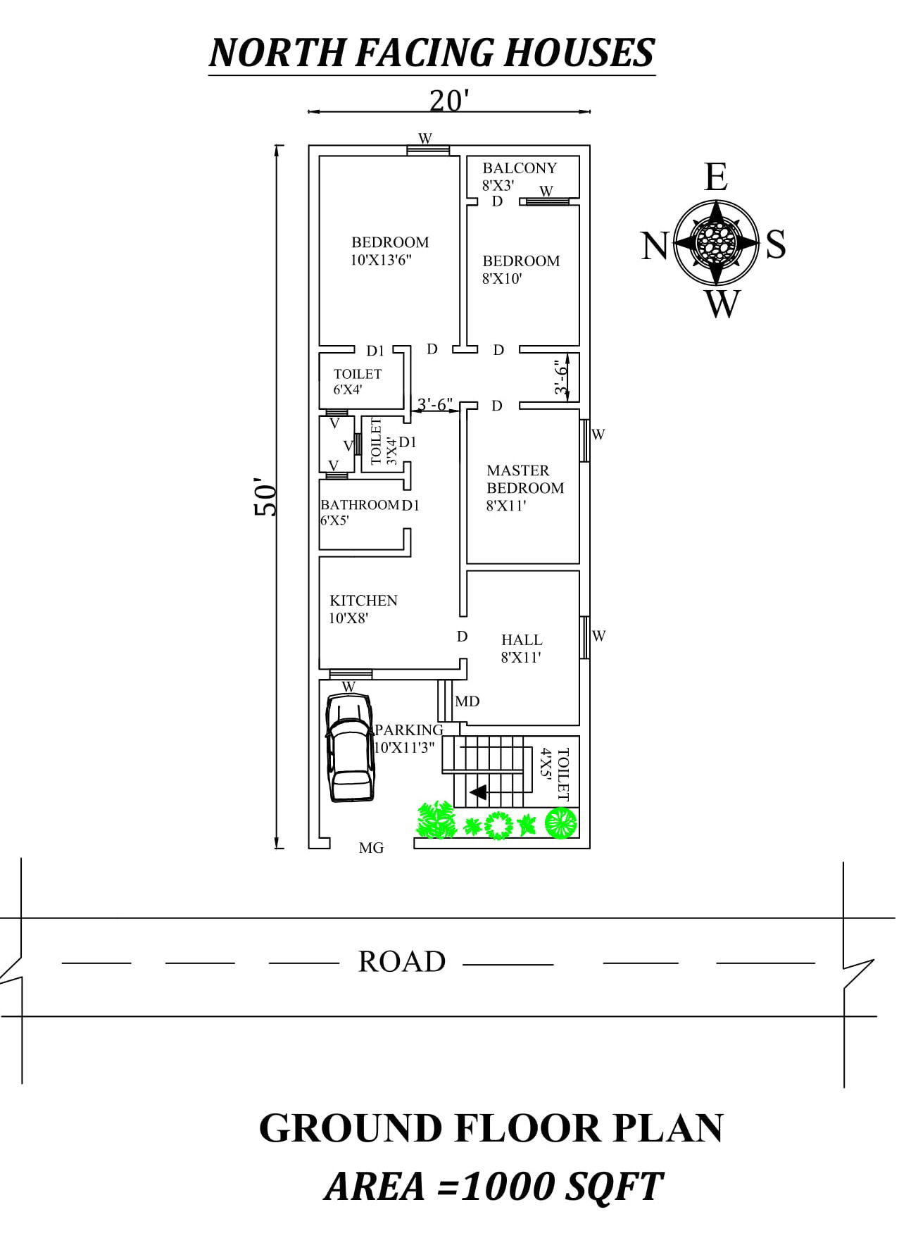 20'x50' Splendid 3BHK North Facing House Plan As Per Vasthu Shastra,Autocad DWG and Pdf file details.