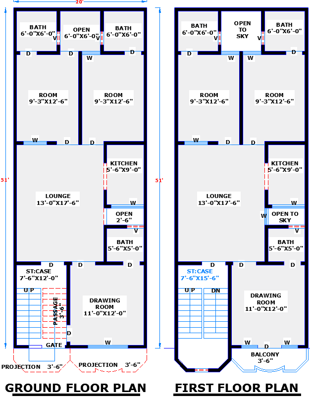20x51 Two-Story Residential House Plan in DWG File