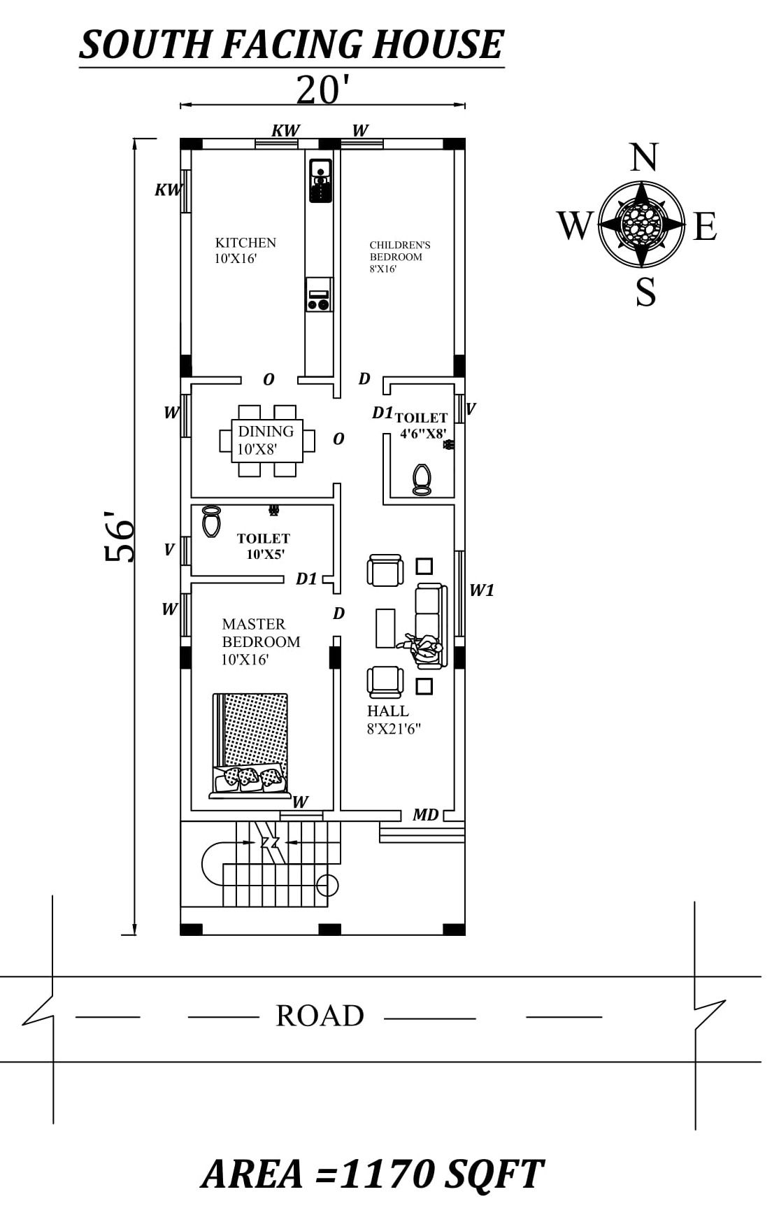 20'x56' 2bhk South facing First floor House Plan As Per Vastu Shastra. Autocad DWG and Pdf file details.