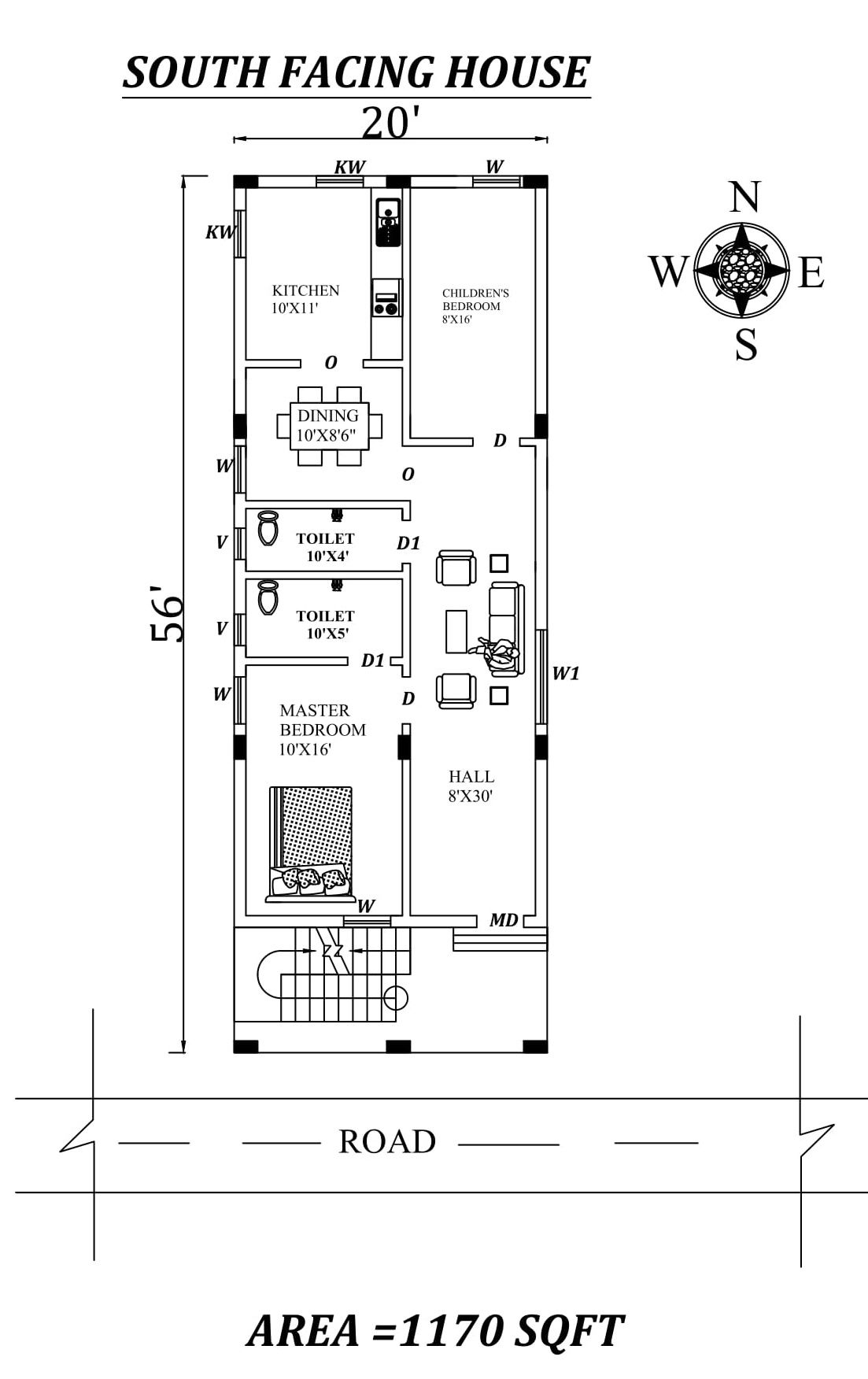 20'x56' 2bhk South facing Houseplan layout as per Vastu Shastra,Autocad DWG and Pdf file details.