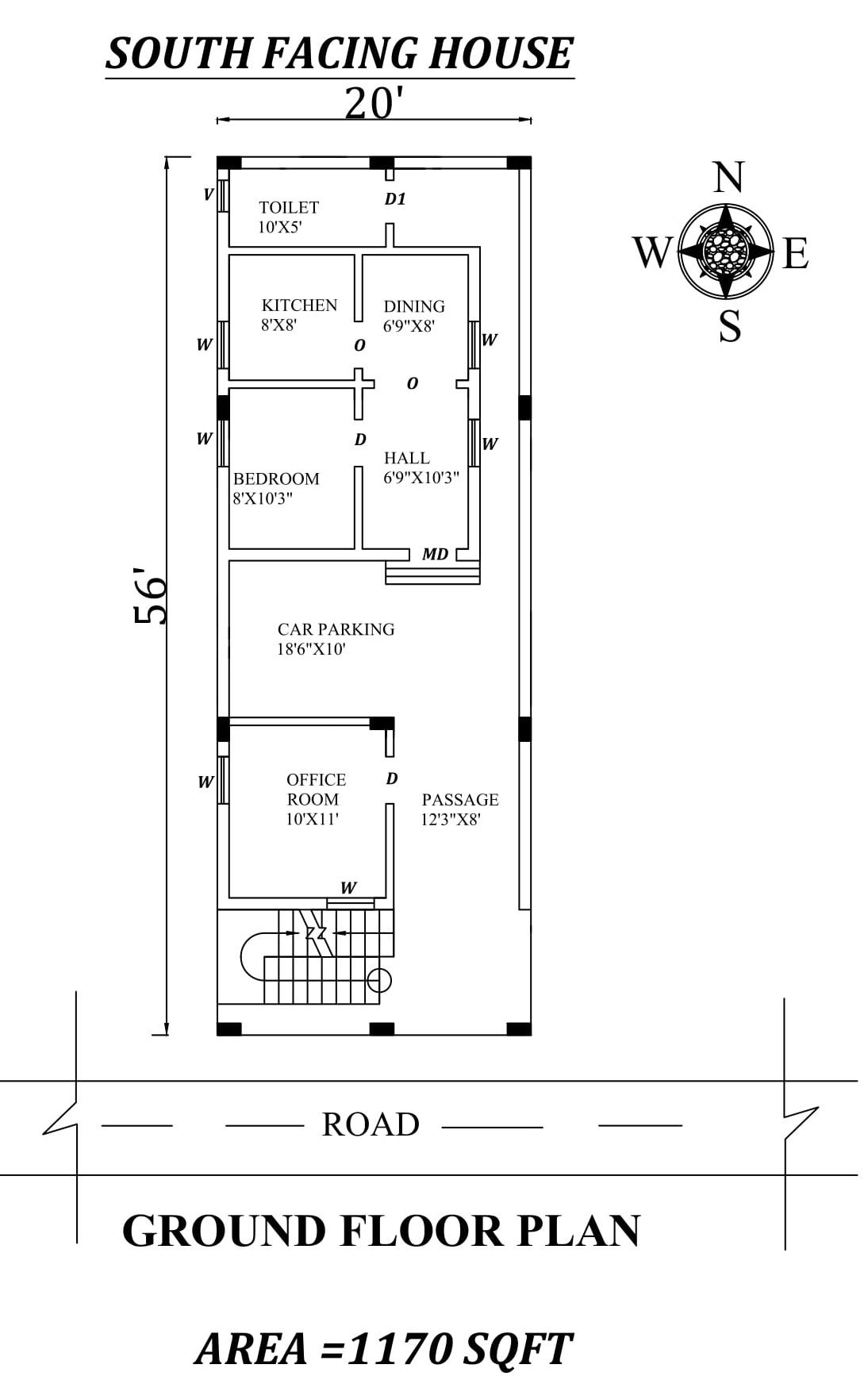 20'x56' Single bhk south-facing Ground floor House Plan As Per Vastu Shastra.Autocad DWG and Pdf file details.