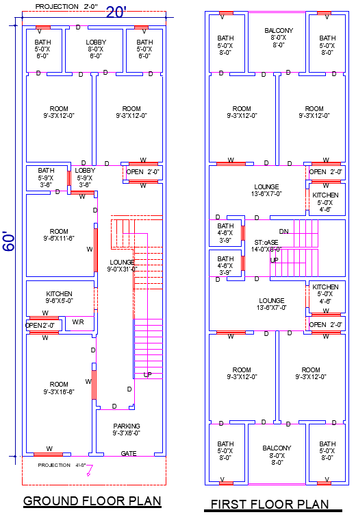 20'x60' House Floor Plan with 8 Bedrooms and 9 Bathrooms