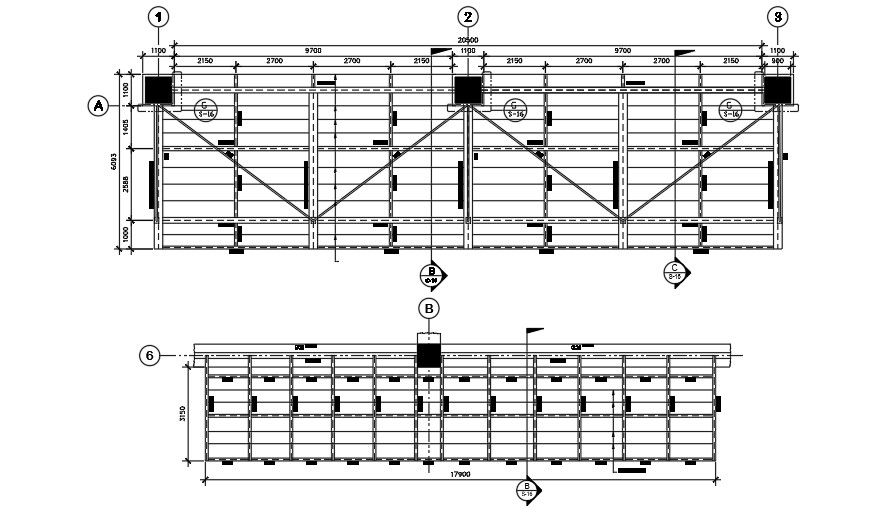 20x6m industrial plan structural layout AutoCAD drawing