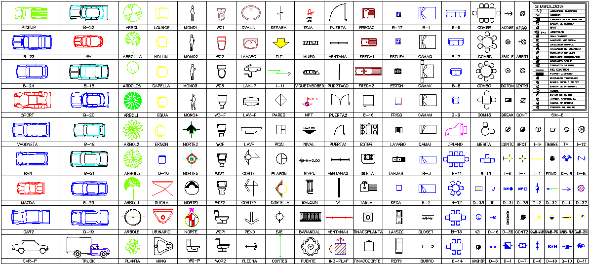2D CAD Blocks DWG File with Cars, Doors, Signs, and Furniture