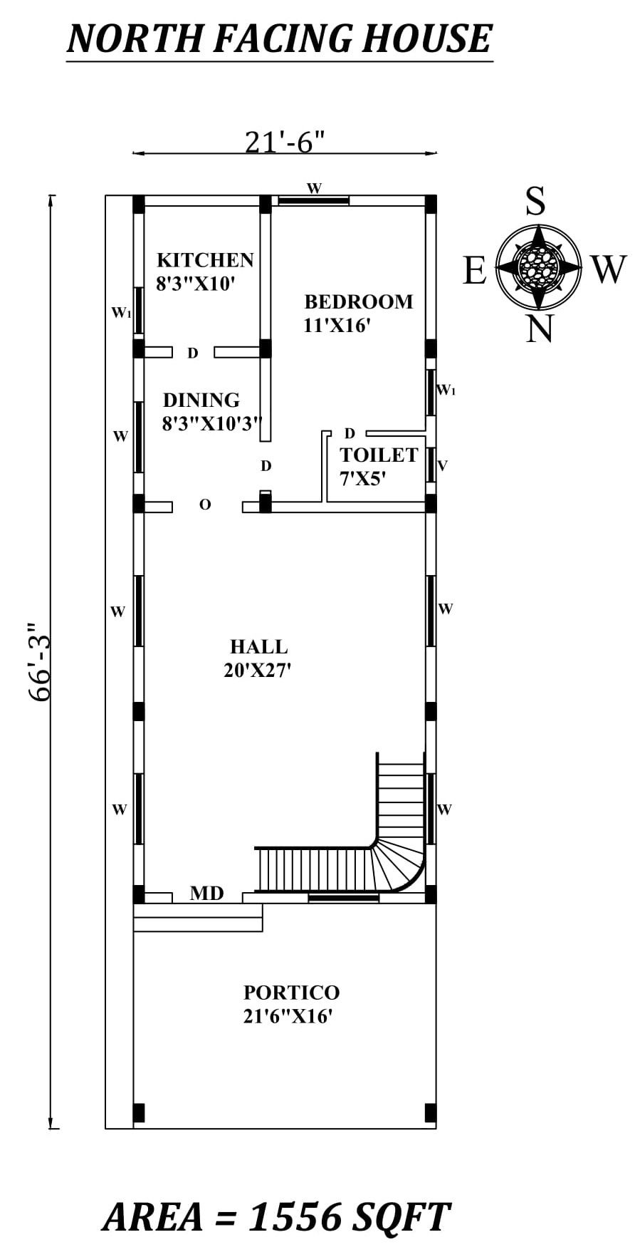 21x66 North Facing 1 BHK CAD Model | Vastu House Plan DWG file