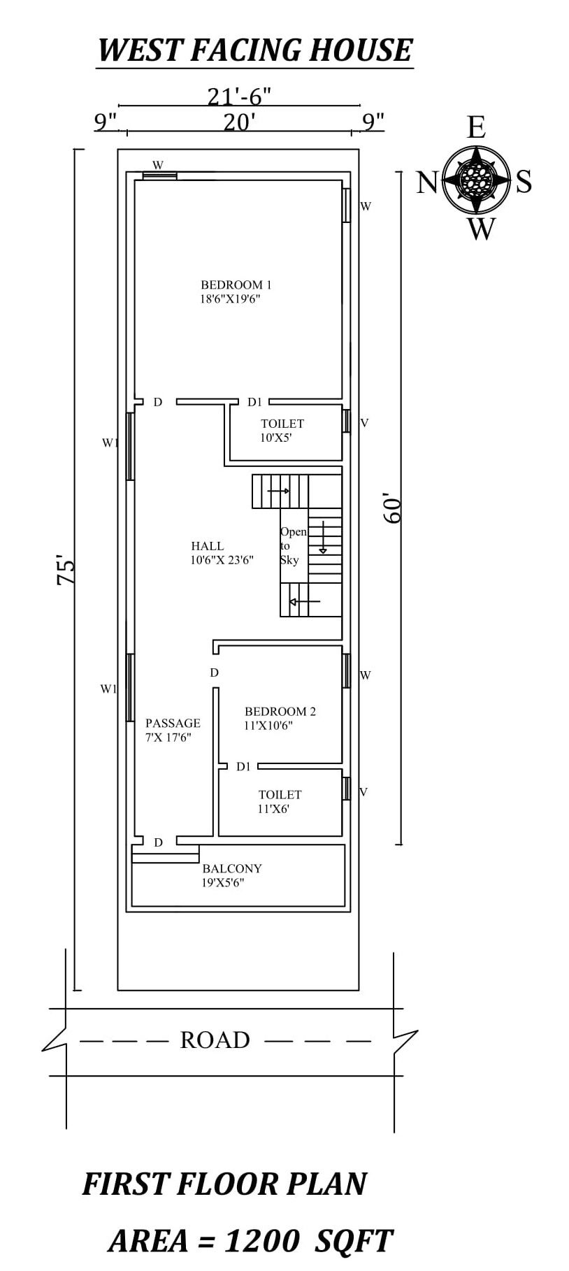 21'6"X75' Single bhk West facing First floor House Plan As Per Vastu Shastra.Autocad DWG and Pdf file details.