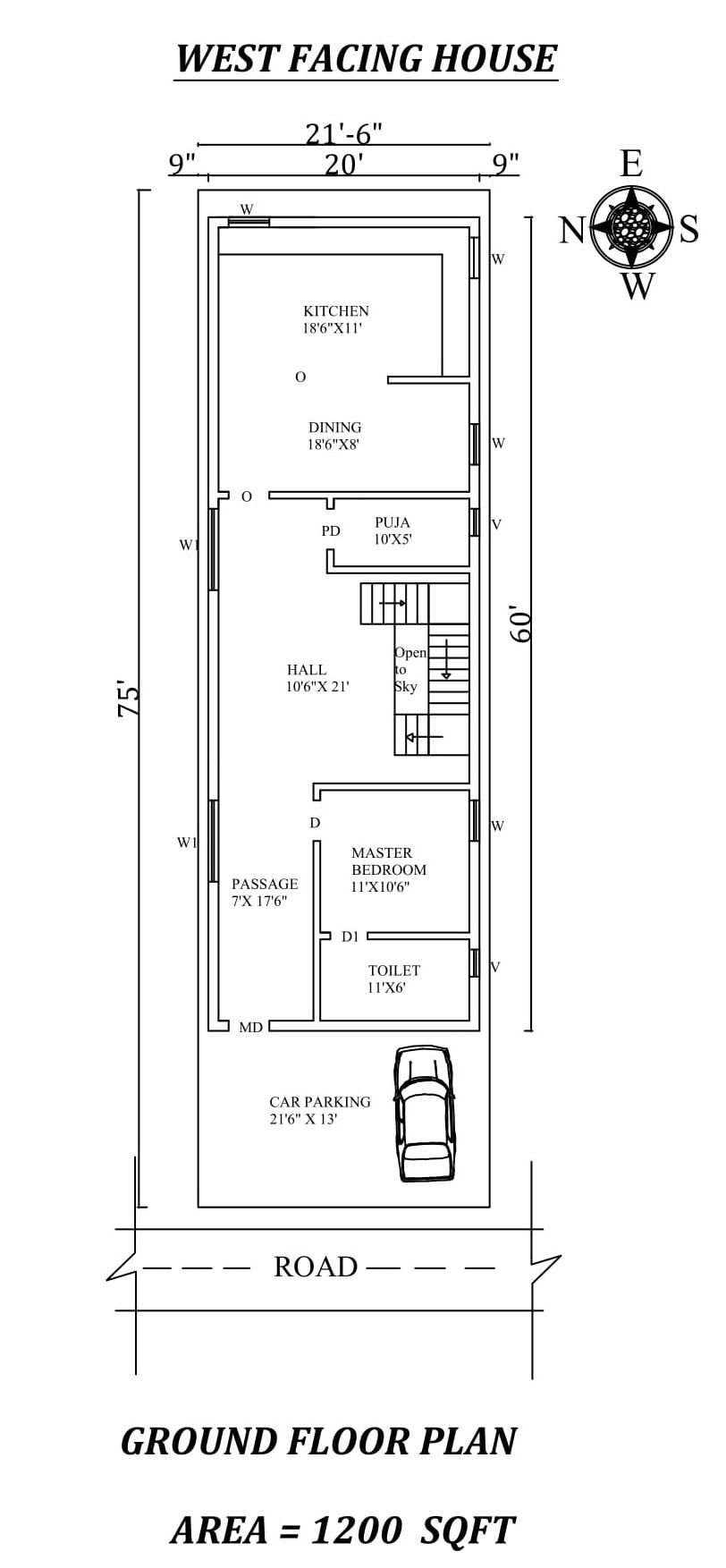 21'6"X75' Single bhk West facing House Plan As Per Vastu Shastra,Autocad DWG and Pdf file details