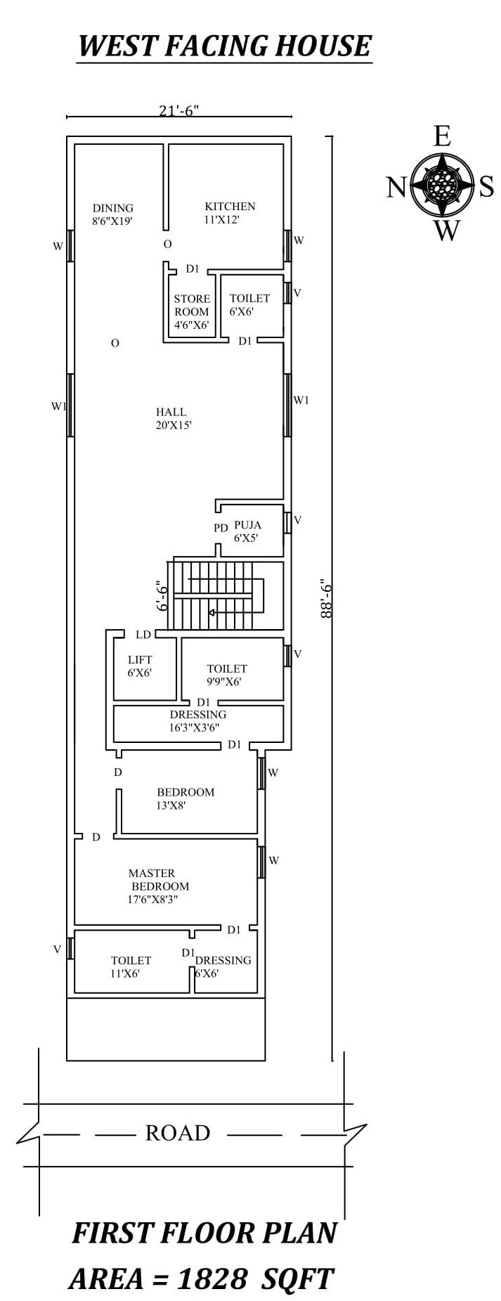 21'6" X88'6" Marvelous 2bhk West facing House Plan As Per Vastu Shastra,Autocad DWG and Pdf file details.