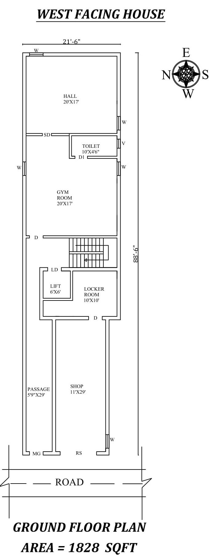 21'6"X88'6" West facing Ground floor House Plan As Per Vastu Shastra,Autocad DWG and Pdf file details.