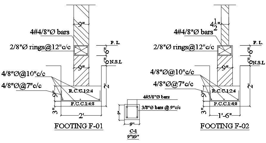 2’ & 1’6” footing section view is given in this CAD file