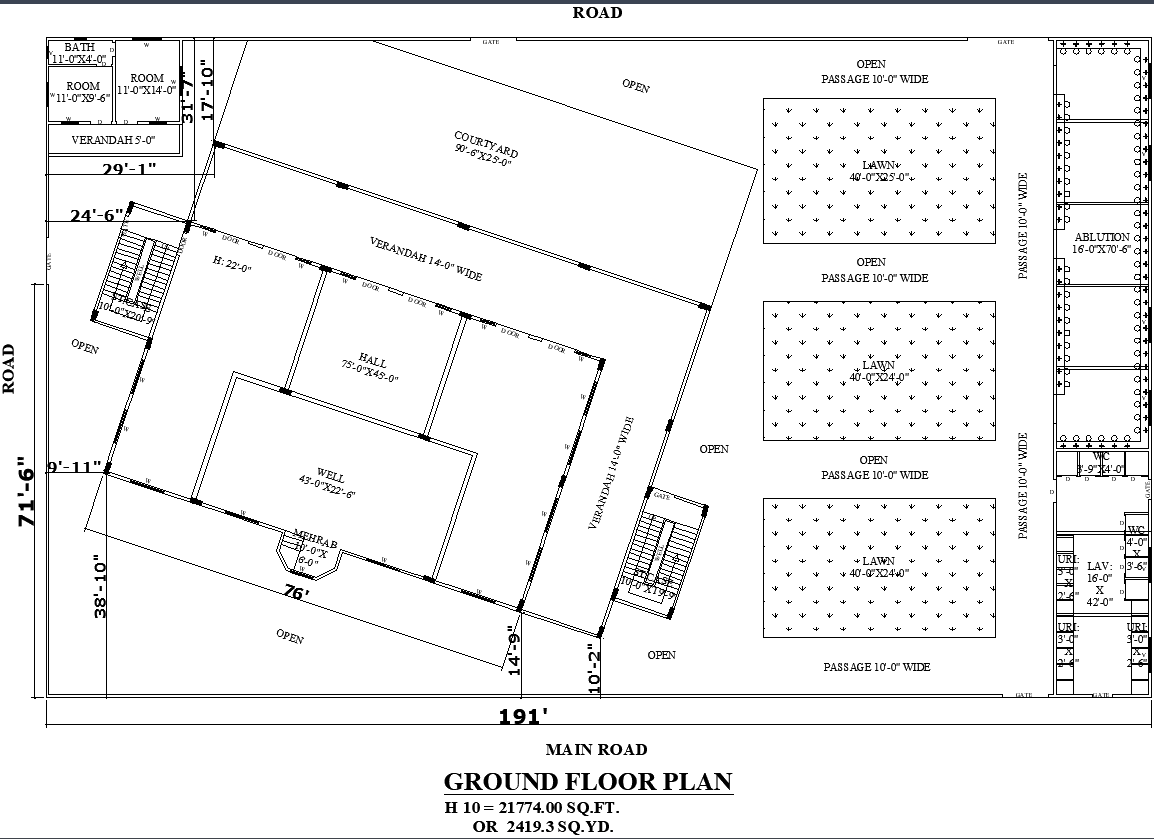21,774 sq ft Mosque DWG with Mehrab, Minaret and Courtyard