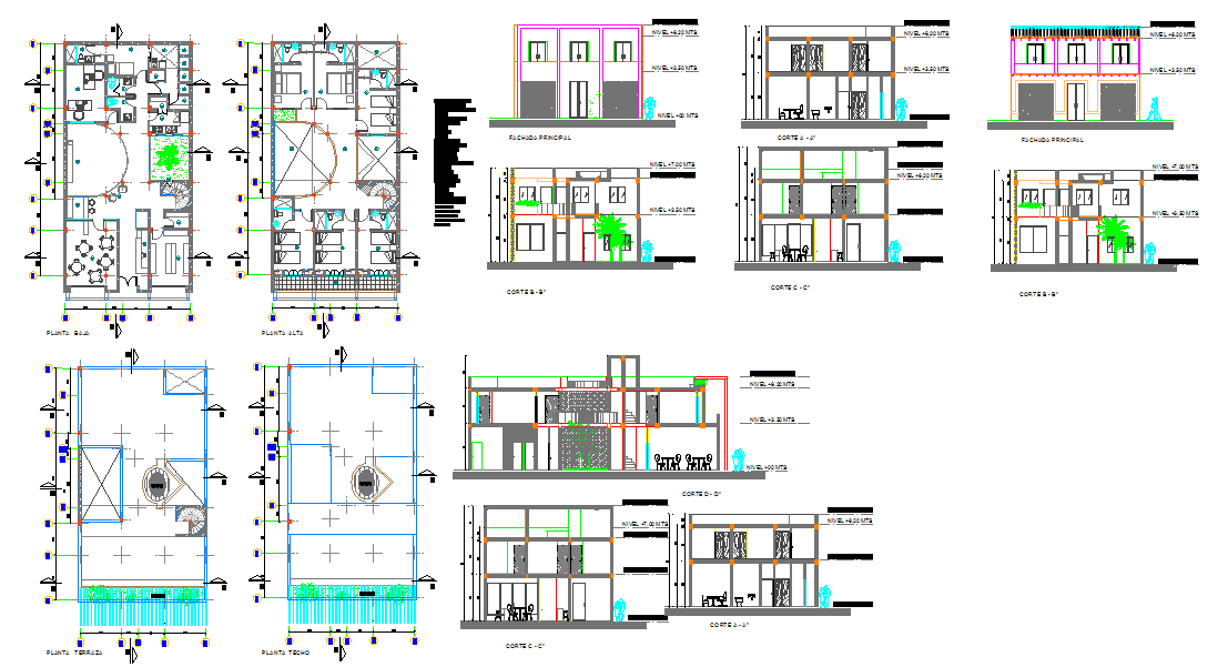Hotel design file DWG with floor plans elevations and section views