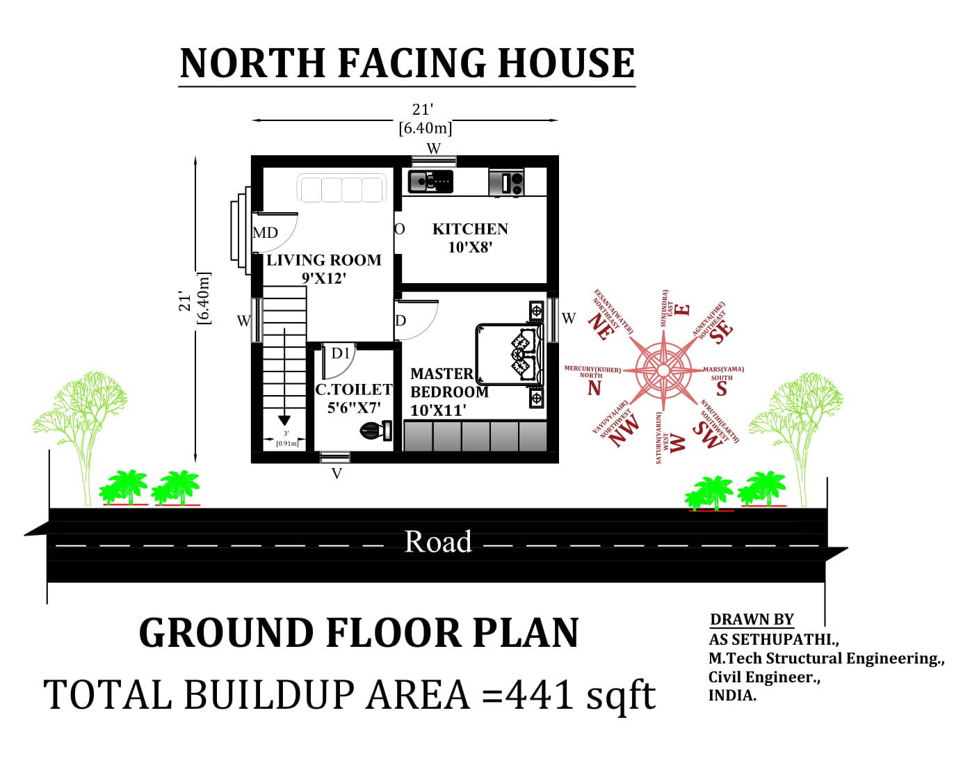 21'X21' North facing single bhk house plan as per vastu shastra principles.Download now free|CADBULL