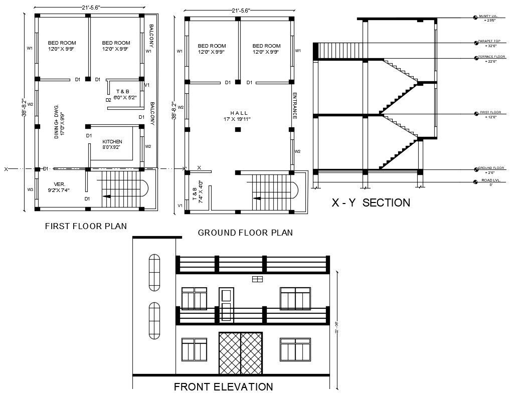 21' X 38' two Storey House Plan CAD Drawing DWG File