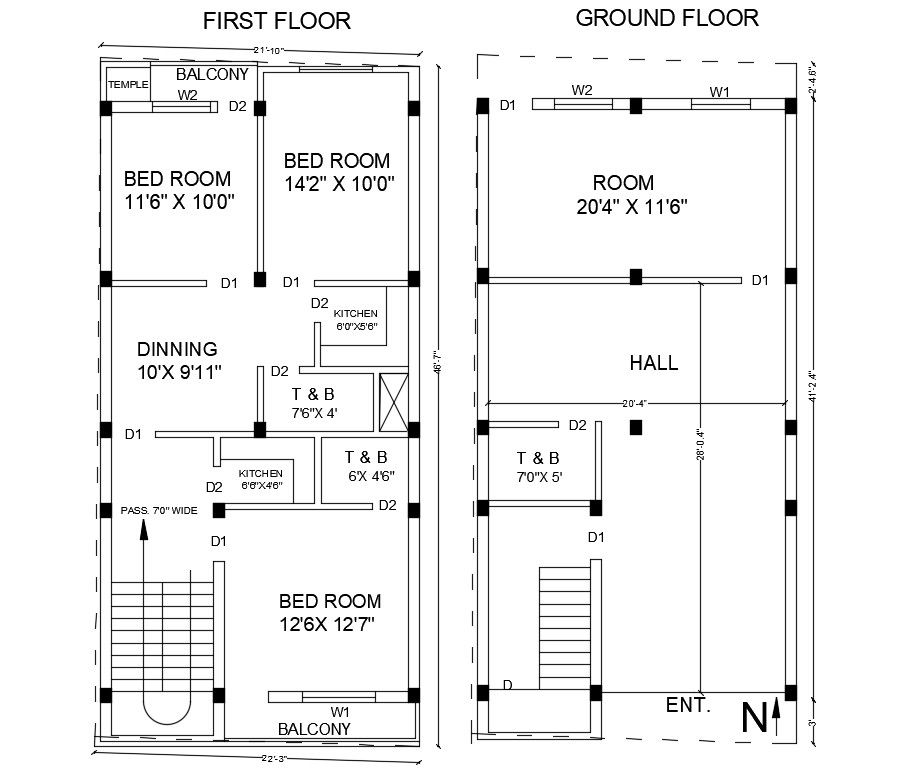 21x46 Two Unit House Floor Plan AutoCAD DWG File with Layout