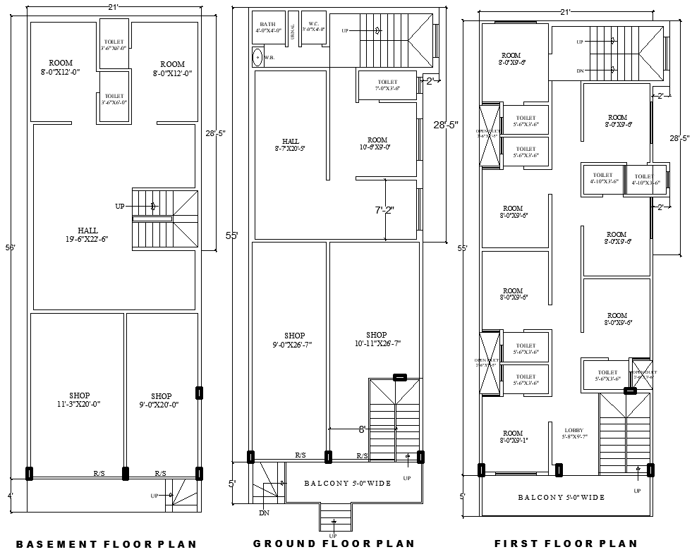 21ft x 55ft Hotel & Shop Layout Plan with Basement, Ground & First Floor Plan AUTOCAD DWG File