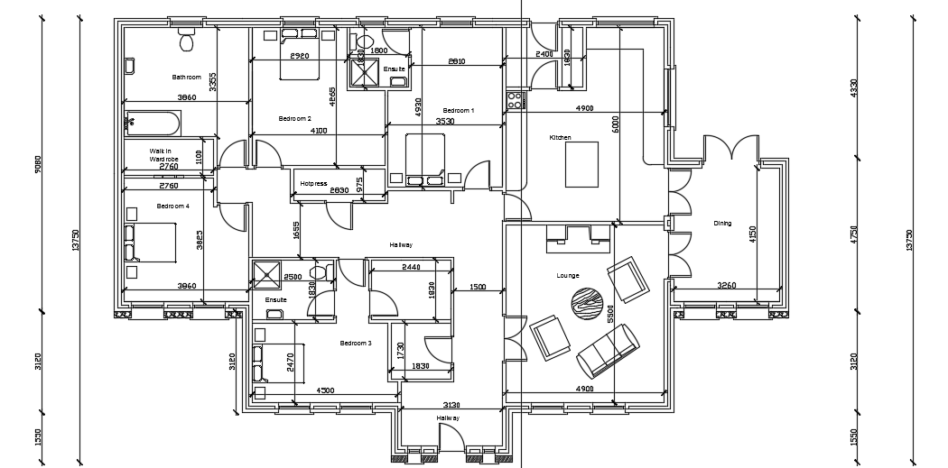 21x13m architecture 4bhk house plan cad drawing is given in this file