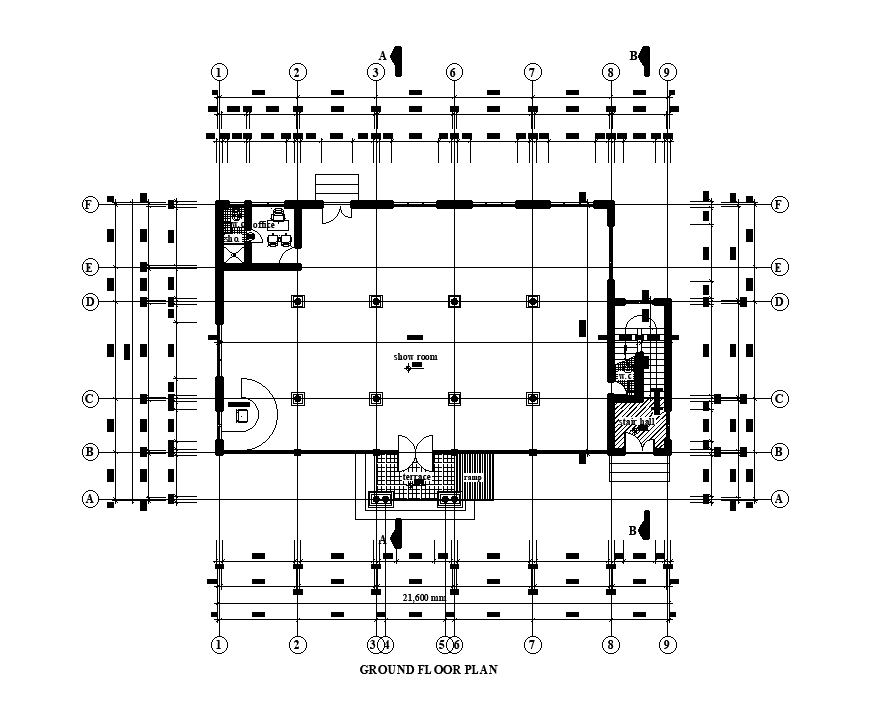 21x15m show room plan is given in this Autocad drawing file.Download now.