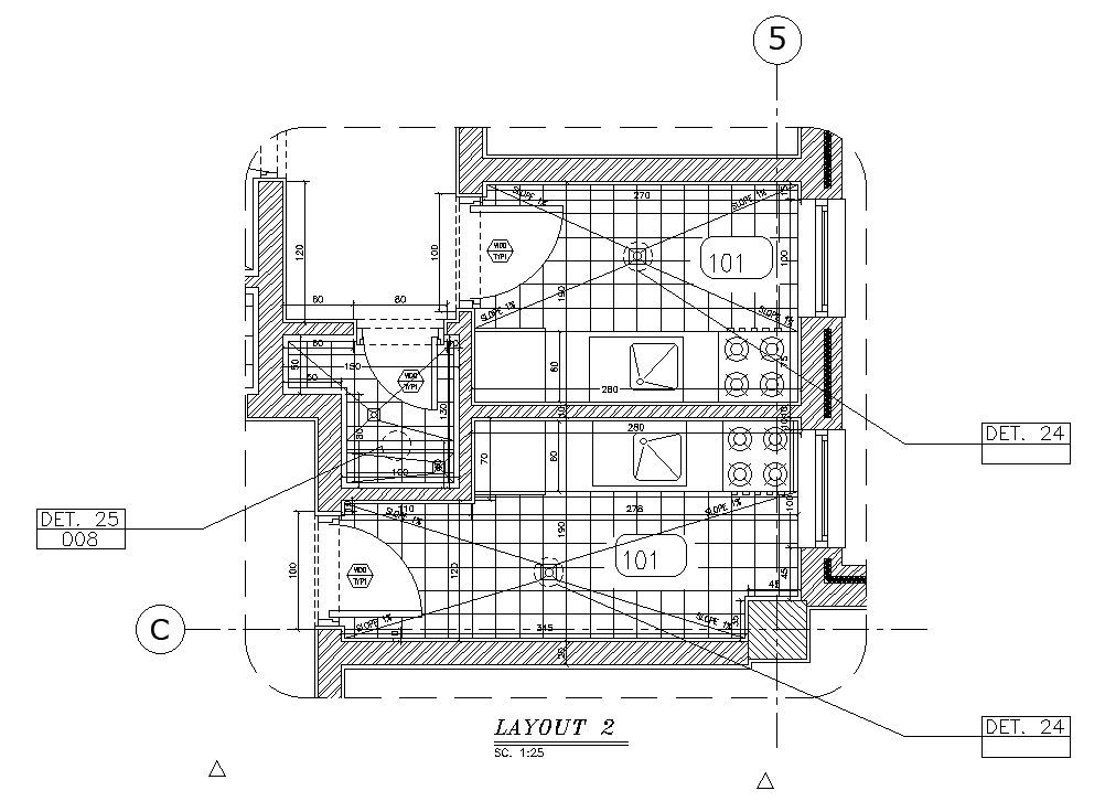 21’x20’ kitchen plan is given in this AutoCAD drawing model. Download now.