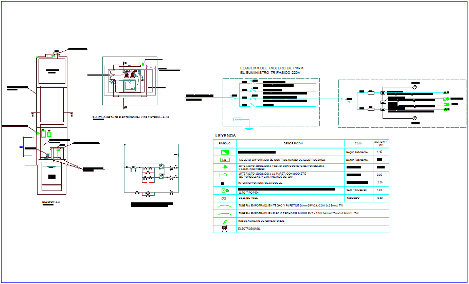220 V supply system sectional view with electrical legend,electrical control system for classroom dwg file
