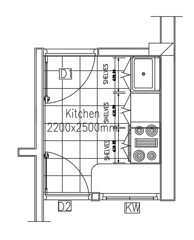 2200x2500mm kitchen plan cad drawing is given in this file