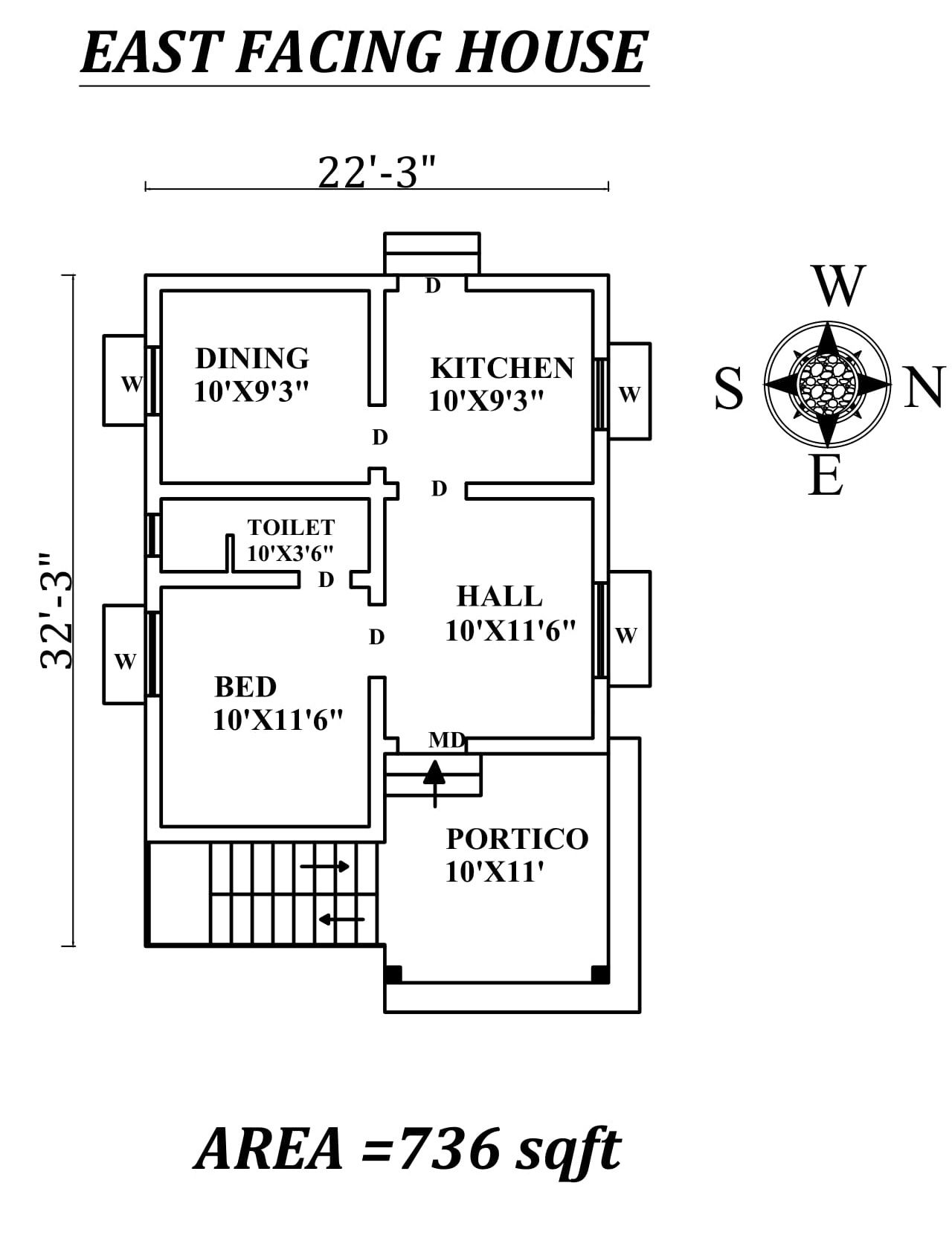 22'3" X32'3" East Facing SIngle BHk House Plan As Per Vasthu Shastra, Autocad DWG file Details