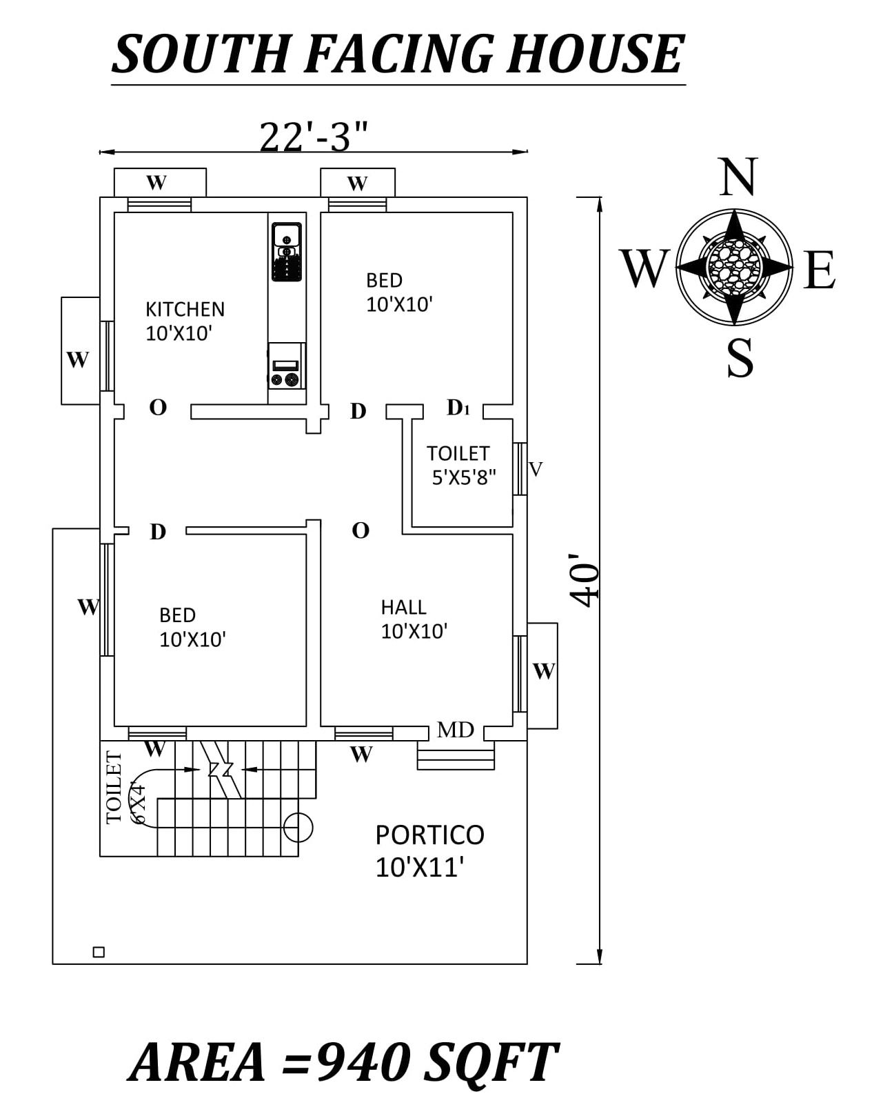 22'3"X40' Single bhk south-facing House Plan As Per Vastu Shastra,Autocad DWG and Pdf file details.