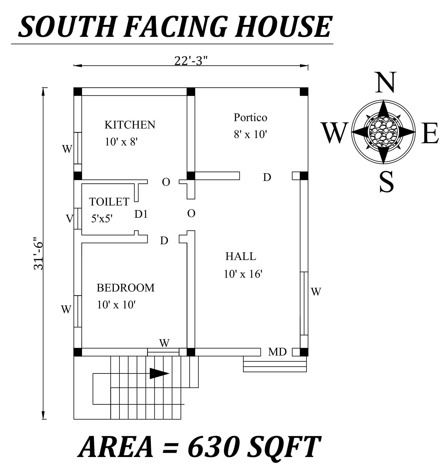 22'3"x31'6" 1bhk South facing House Plan As Per Vastu Shastra,Autocad DWG file details.