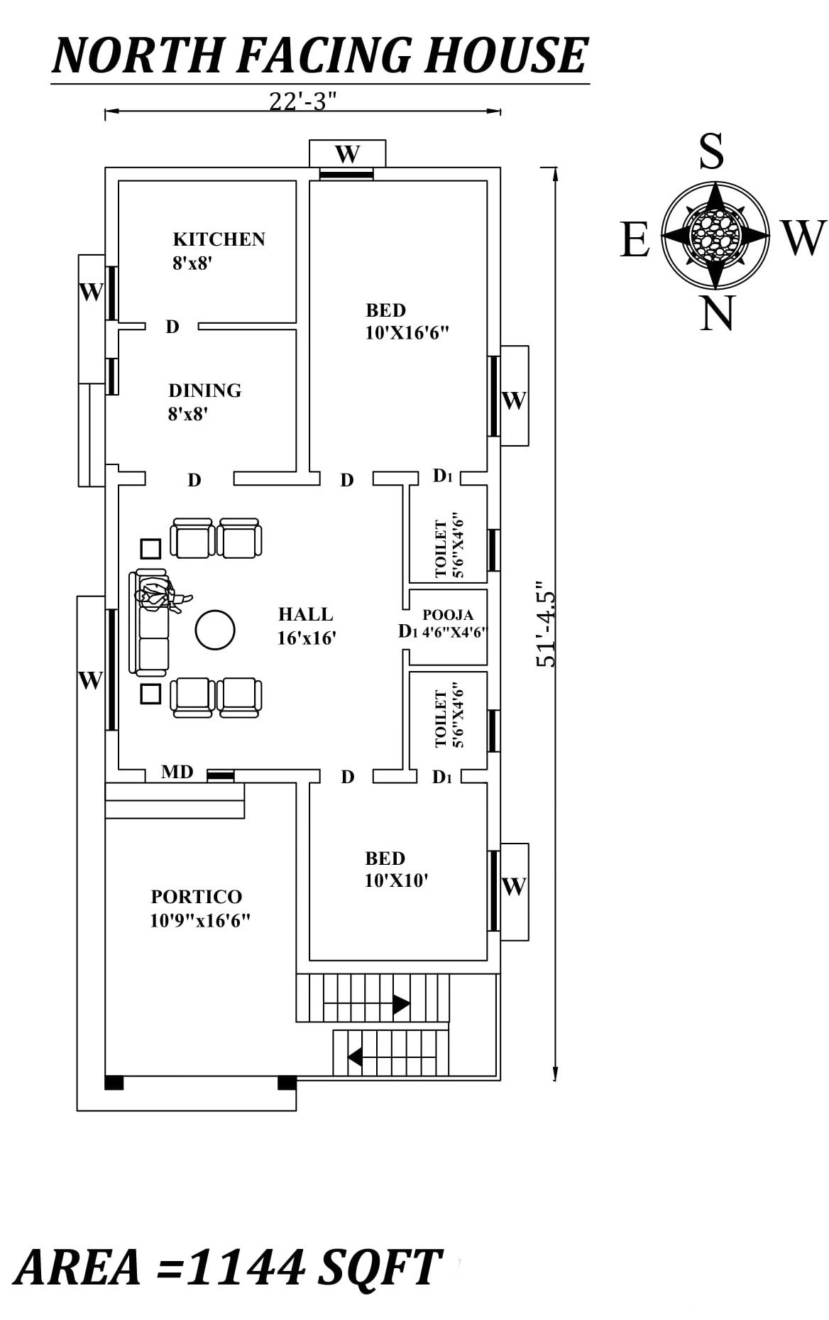 22'3"x51'5" Amazing North facing 2bhk house plan as per Vastu Shastra. Autocad DWG and Pdf file details.