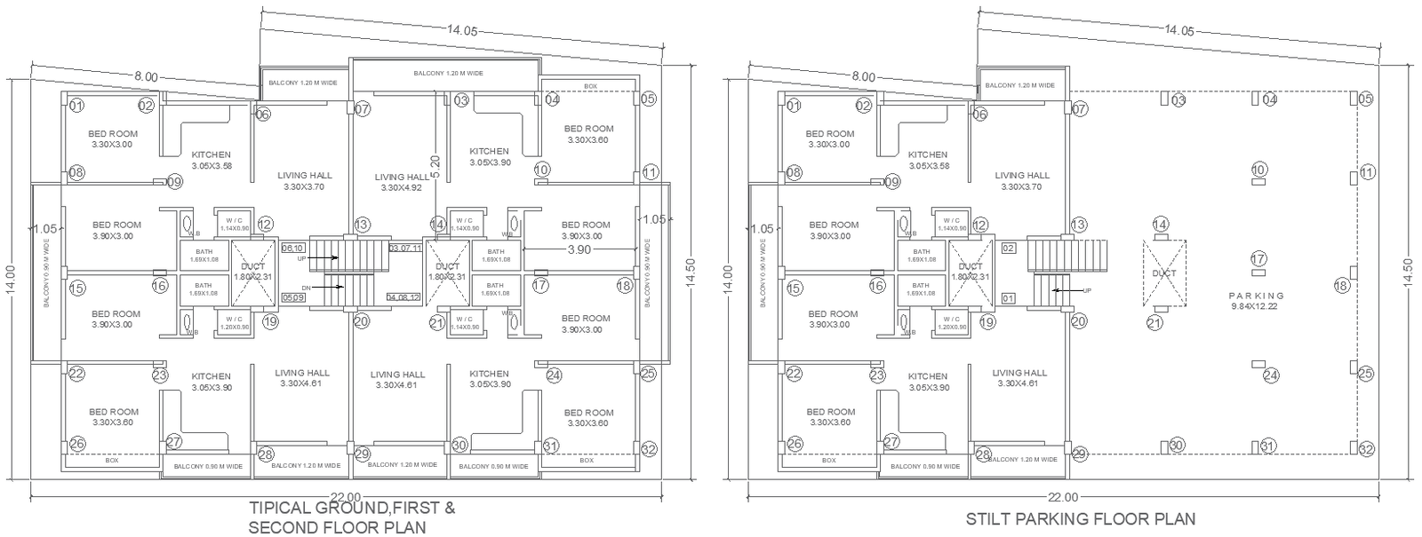 22.5m x 14m Apartment Ground, First, and Second Floor House Plan with Stilt Parking Floor Plan - AutoCAD DWG File