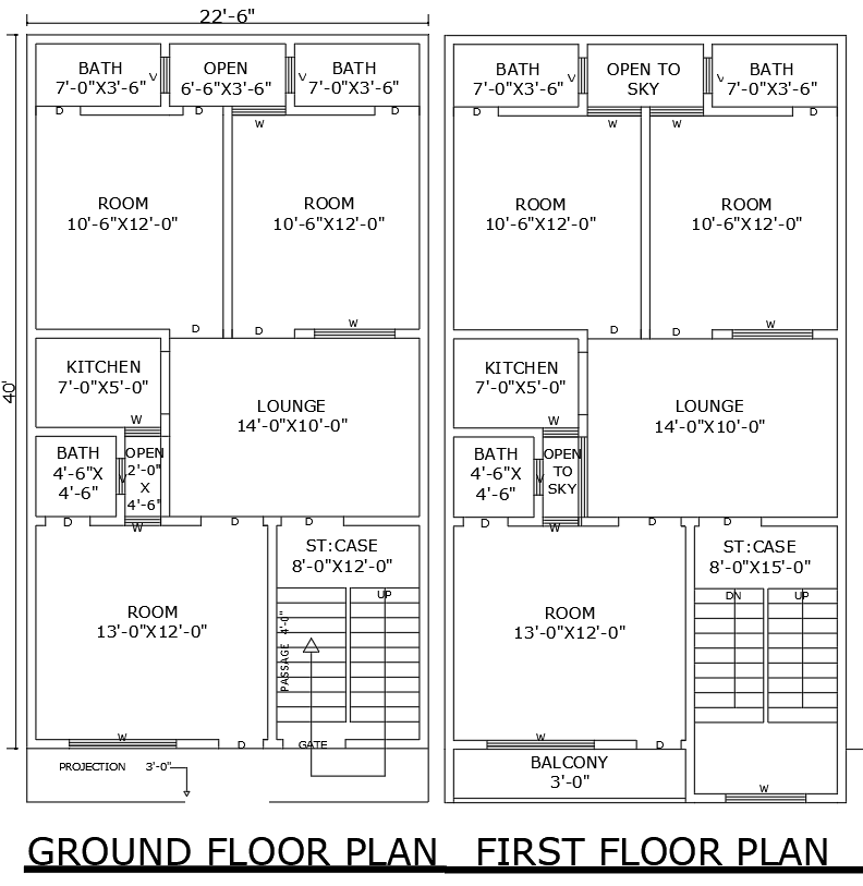 22.6ftx40ft 6BHK House Plan Layout Design in DWG File