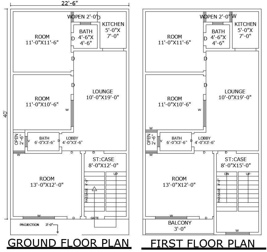 Ground First Floor House Plan 22.6ftx40ft DWG Layout