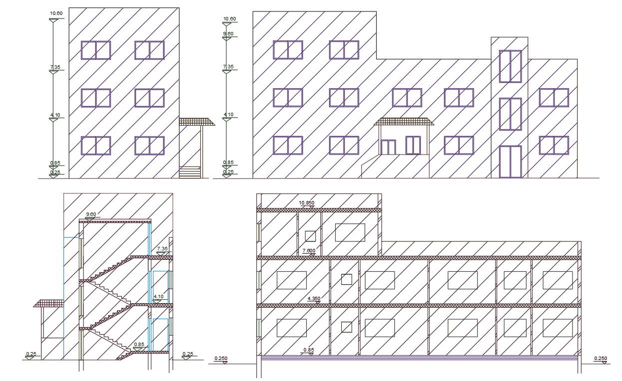 22' X 72' House Building Sectional Elevation Design DWG File